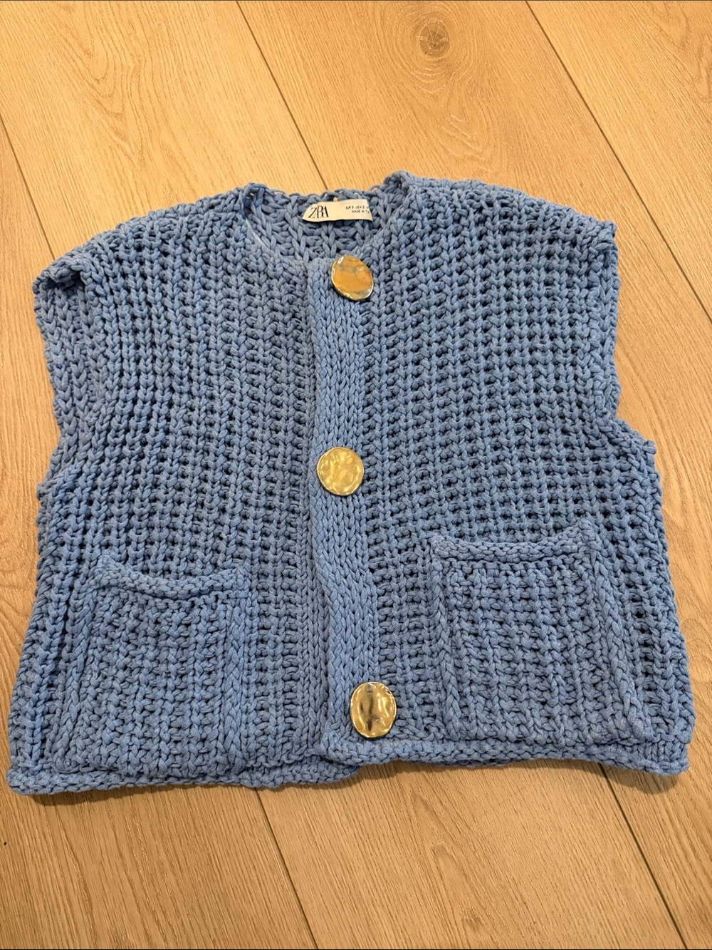 Zara Soft Blue Chunky Knit Button Vest with Gold Buttons